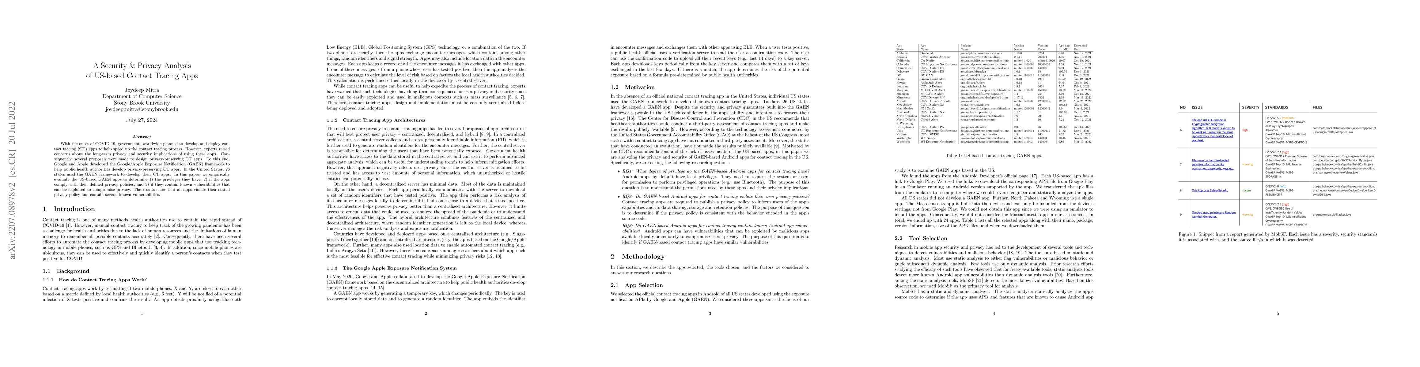 Thumbnail for A Security & Privacy Analysis of US-based Contact Tracing Apps