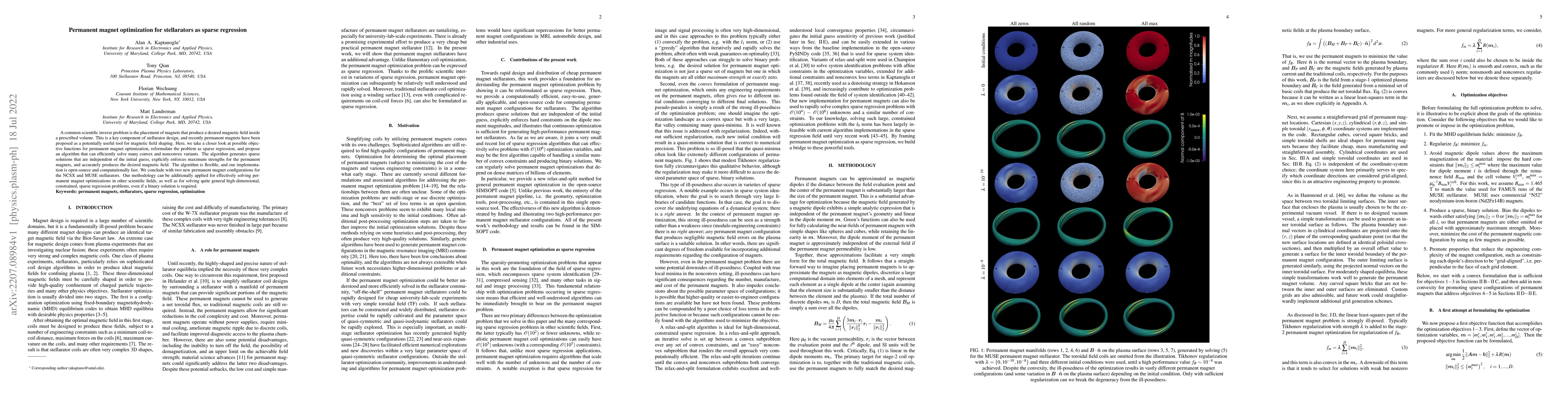 Thumbnail for Permanent magnet optimization for stellarators as sparse regression