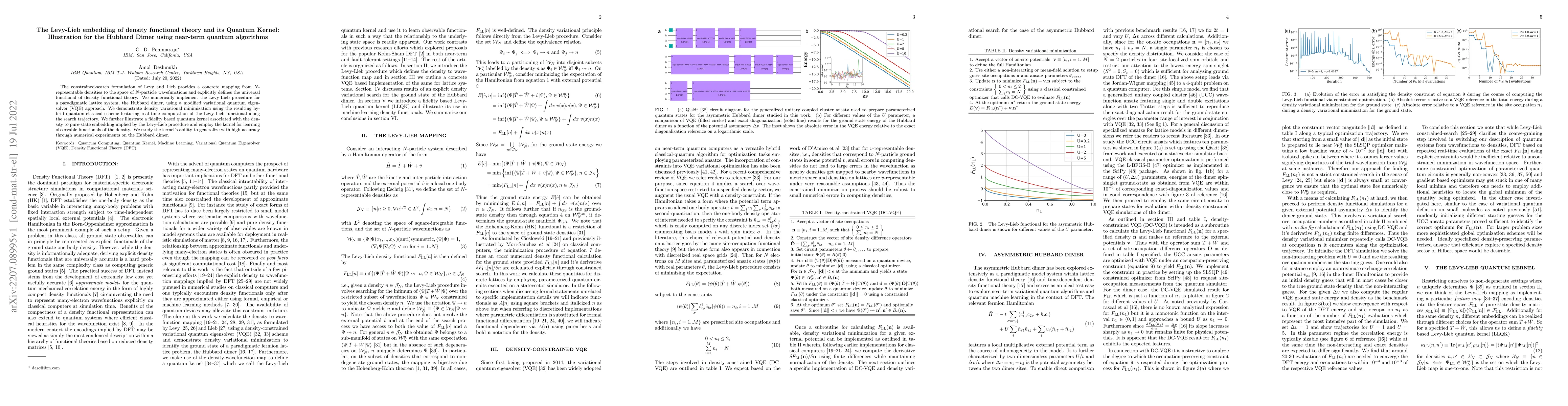 Thumbnail for The Levy-Lieb embedding of density functional theory and its Quantum
  Kernel: Illustration for the Hubbard Dimer using near-term quantum algorithms