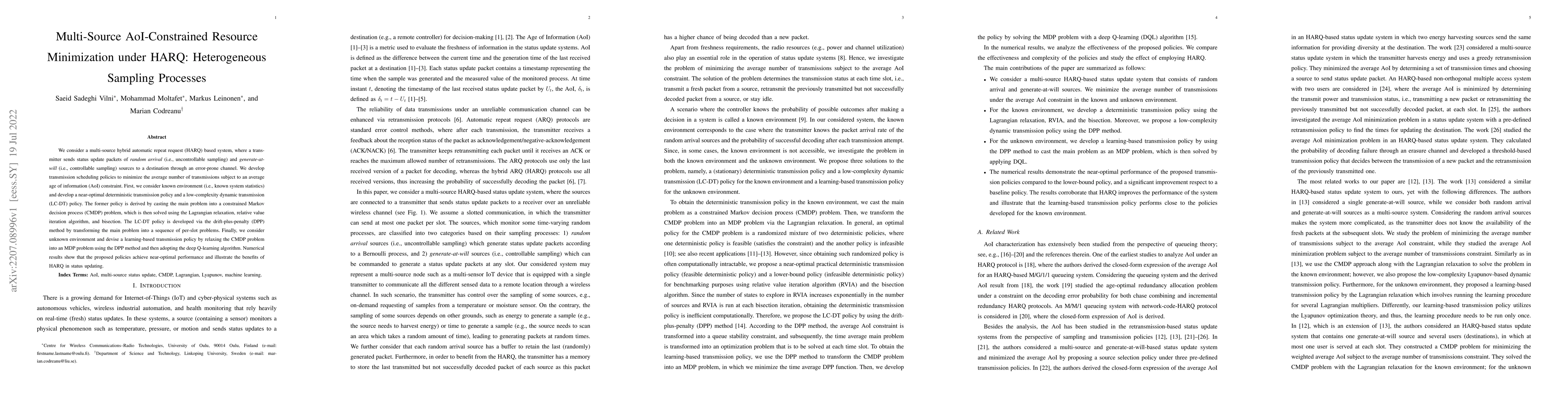 Thumbnail for Multi-Source AoI-Constrained Resource Minimization under HARQ:
  Heterogeneous Sampling Processes