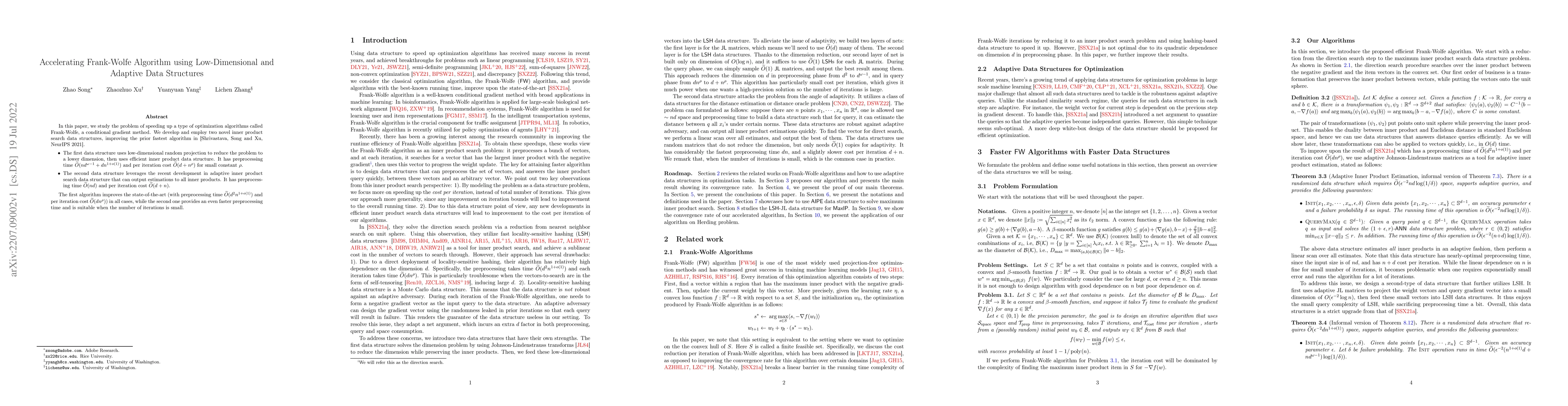 Thumbnail for Accelerating Frank-Wolfe Algorithm using Low-Dimensional and Adaptive
  Data Structures
