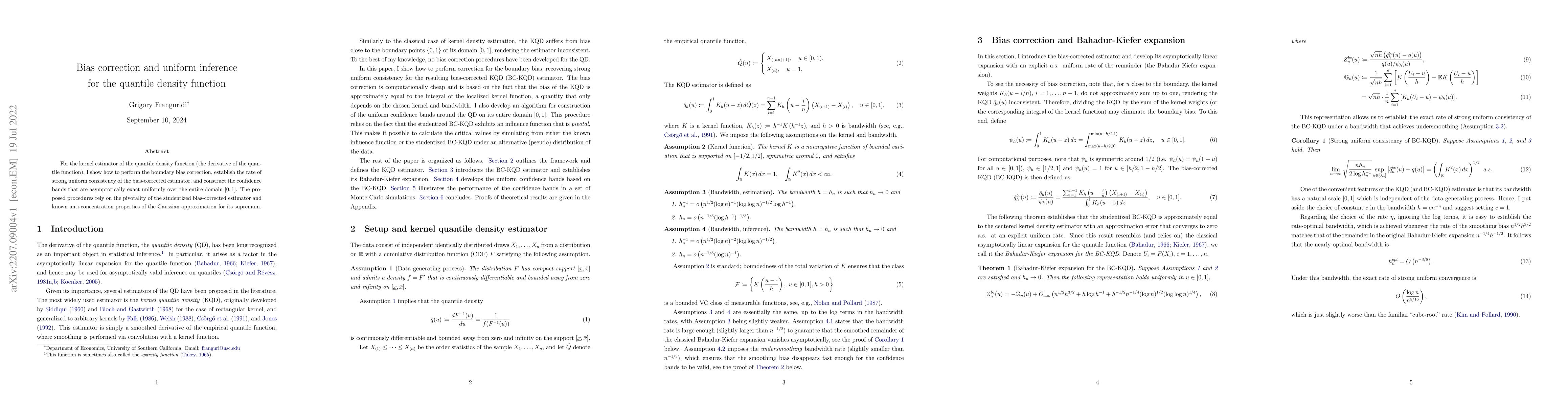 Thumbnail for Bias correction and uniform inference for the quantile density function