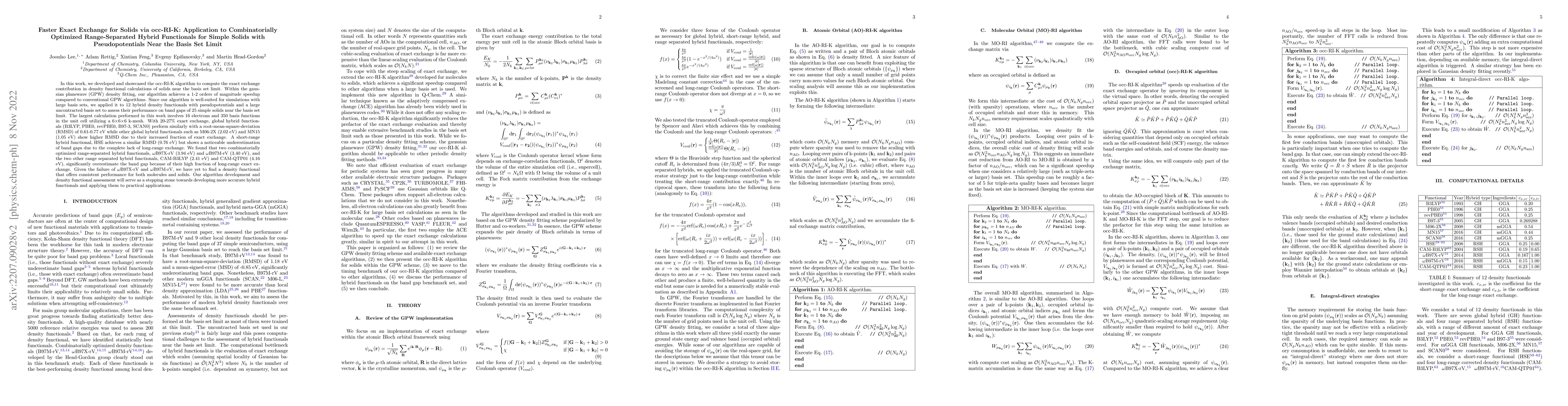 Thumbnail for Faster Exact Exchange for Solids via occ-RI-K: Application to
  Combinatorially Optimized Range-Separated Hybrid Functionals for Simple
  Solids with Pseudopotentials Near the Basis Set Limit