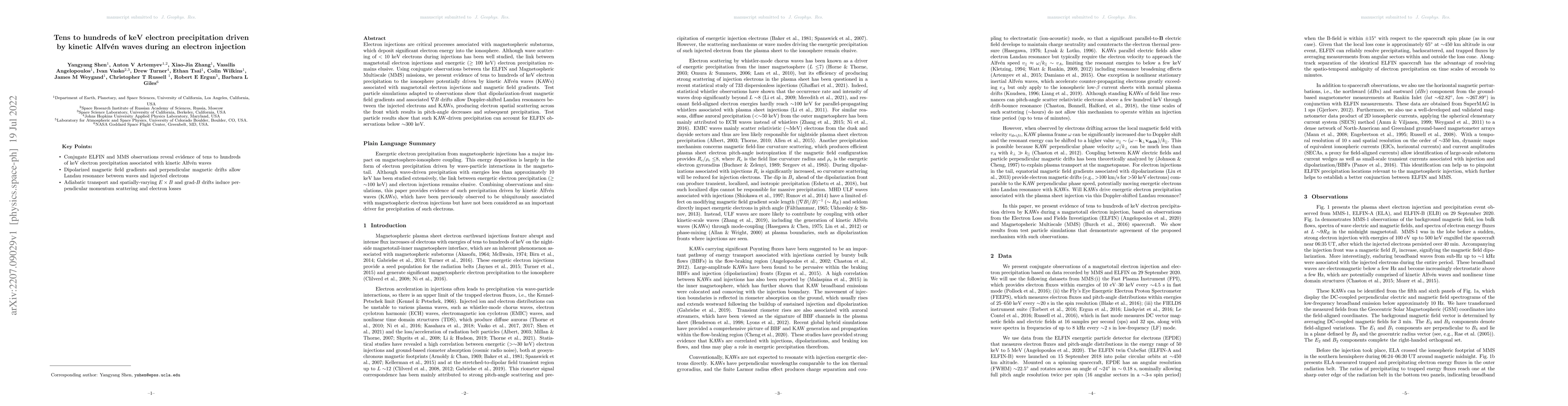 Thumbnail for Tens to hundreds of keV electron precipitation driven by kinetic
  Alfv\'en waves during an electron injection