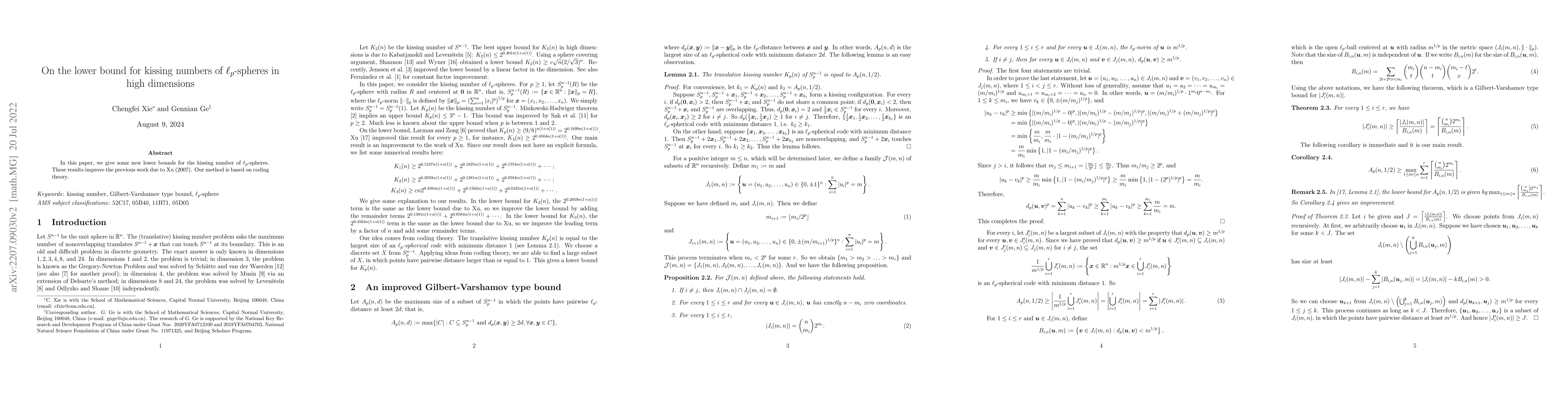 Thumbnail for On the lower bound for kissing numbers of $\ell_p$-spheres in high
  dimensions