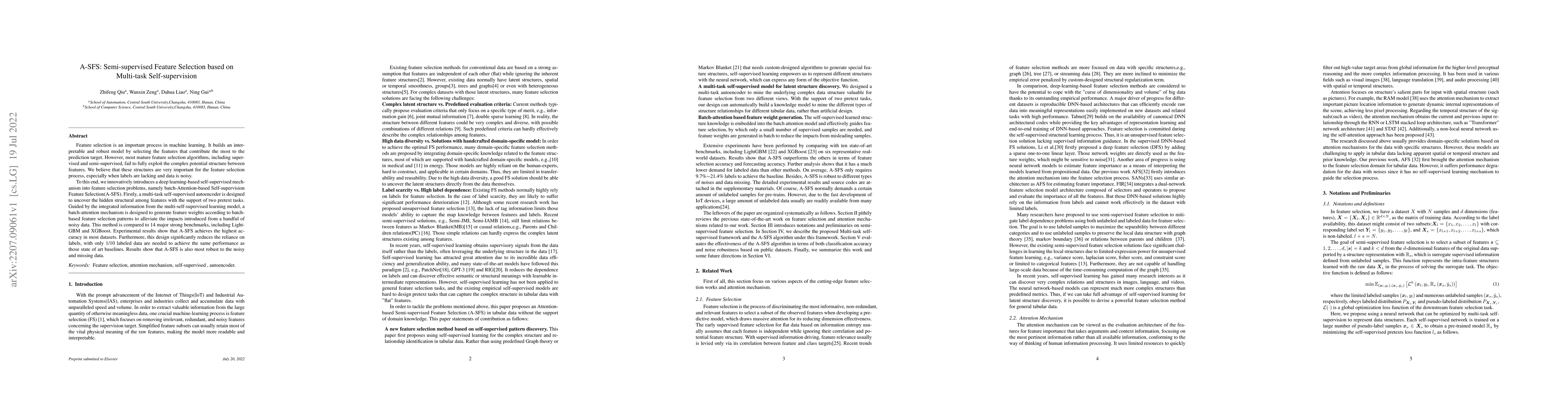 Thumbnail for A-SFS: Semi-supervised Feature Selection based on Multi-task
  Self-supervision