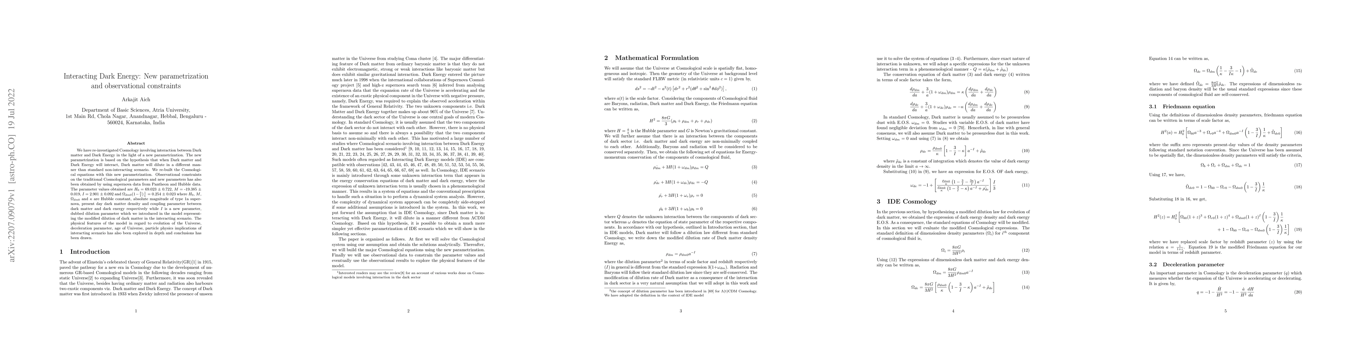 Thumbnail for Interacting Dark Energy: New parametrization and observational
  constraints