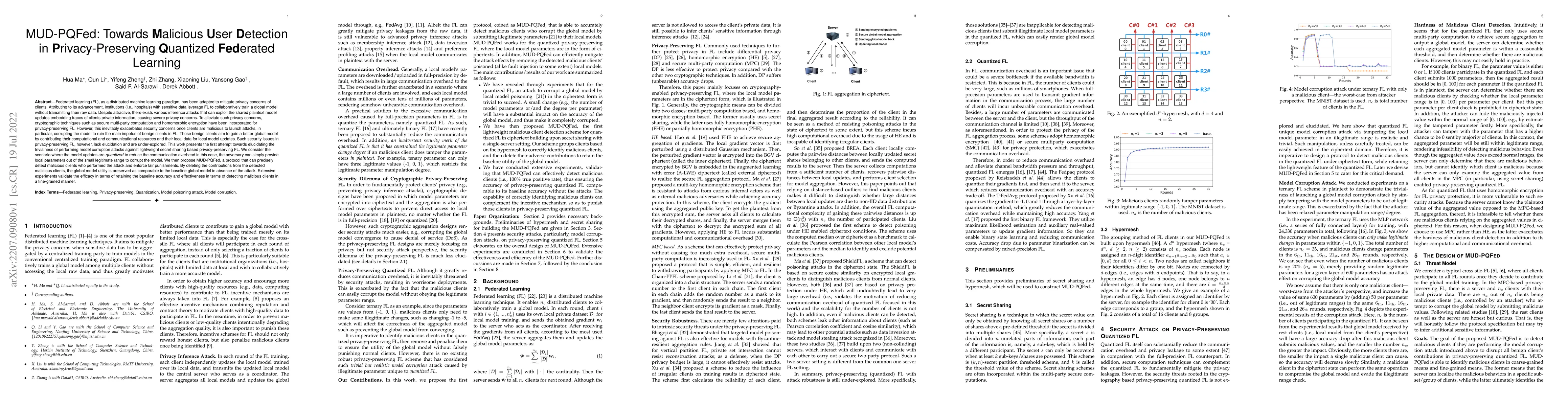 Thumbnail for MUD-PQFed: Towards Malicious User Detection in Privacy-Preserving
  Quantized Federated Learning