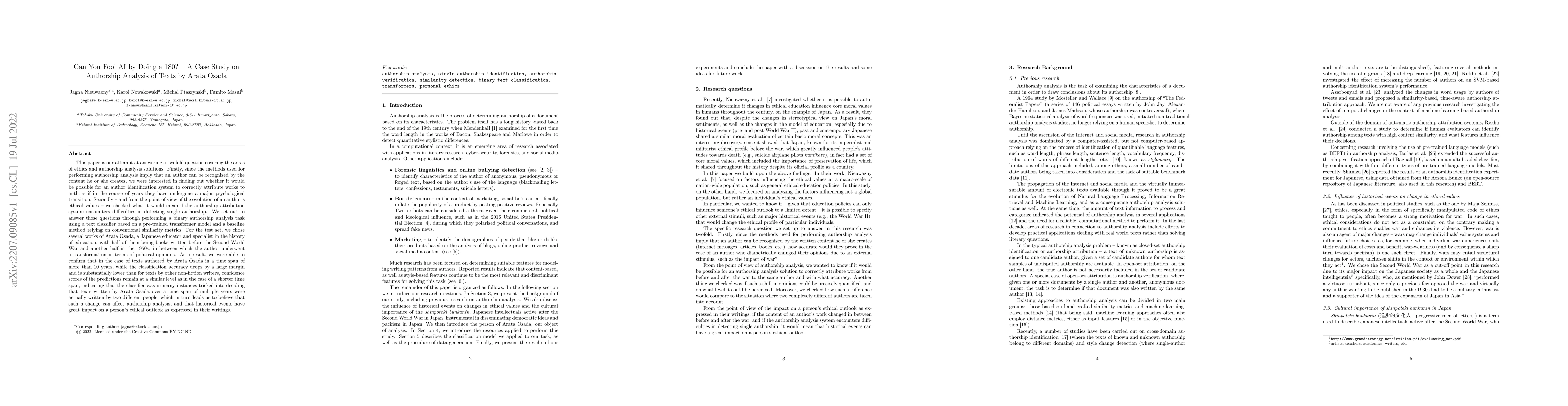 Thumbnail for Can You Fool AI by Doing a 180? $\unicode{x2013}$ A Case Study on
  Authorship Analysis of Texts by Arata Osada
