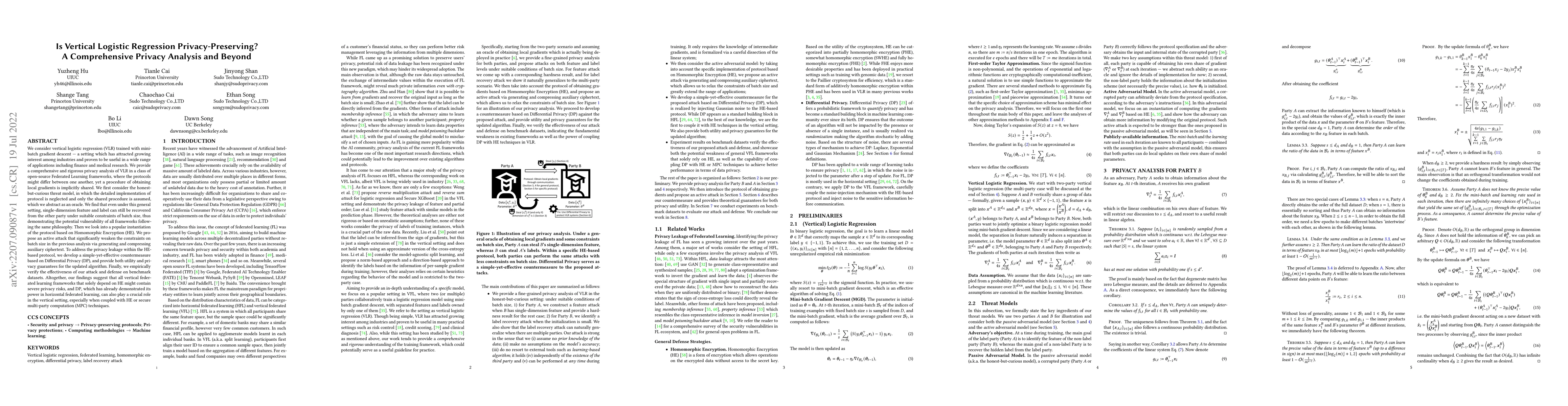 Thumbnail for Is Vertical Logistic Regression Privacy-Preserving? A Comprehensive
  Privacy Analysis and Beyond