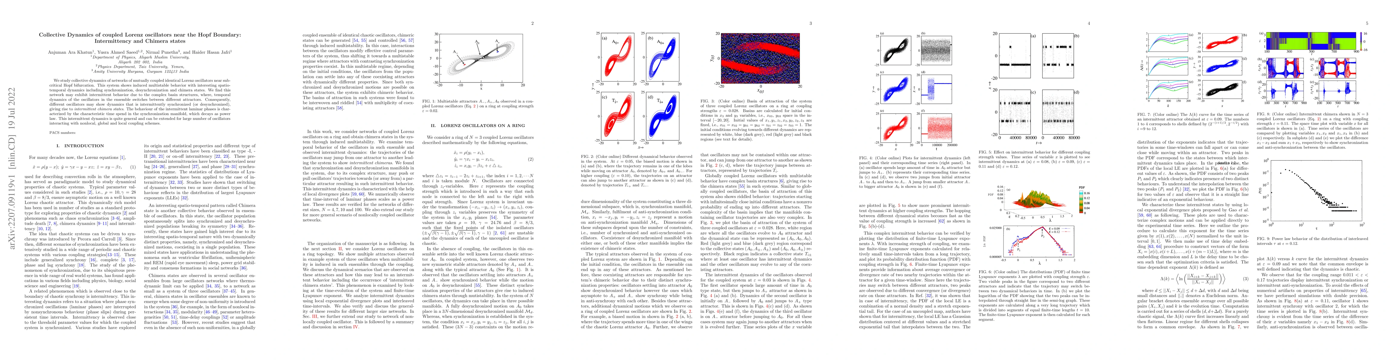 Thumbnail for Collective Dynamics of coupled Lorenz oscillators near the Hopf
  Boundary: Intermittency and Chimera states