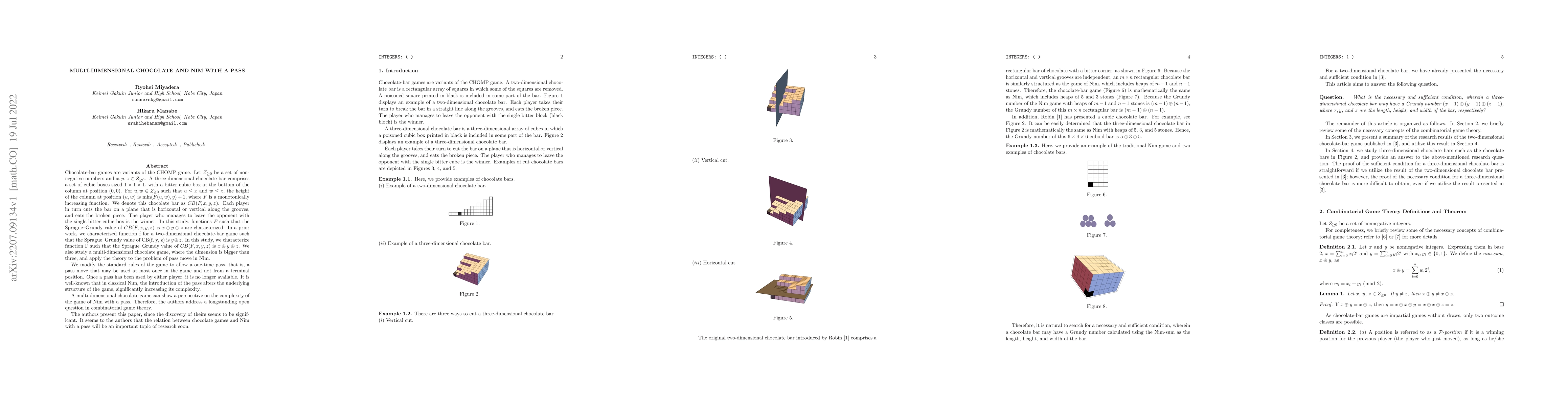 Thumbnail for Multi-Dimensional Chocolate and Nim with a Pass