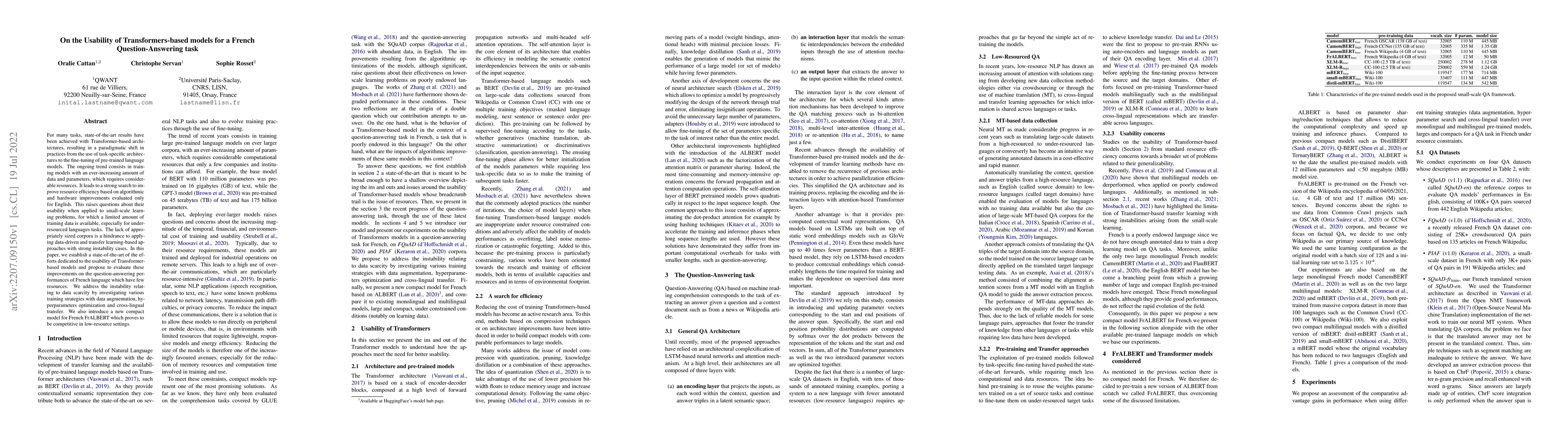Thumbnail for On the Usability of Transformers-based models for a French
  Question-Answering task