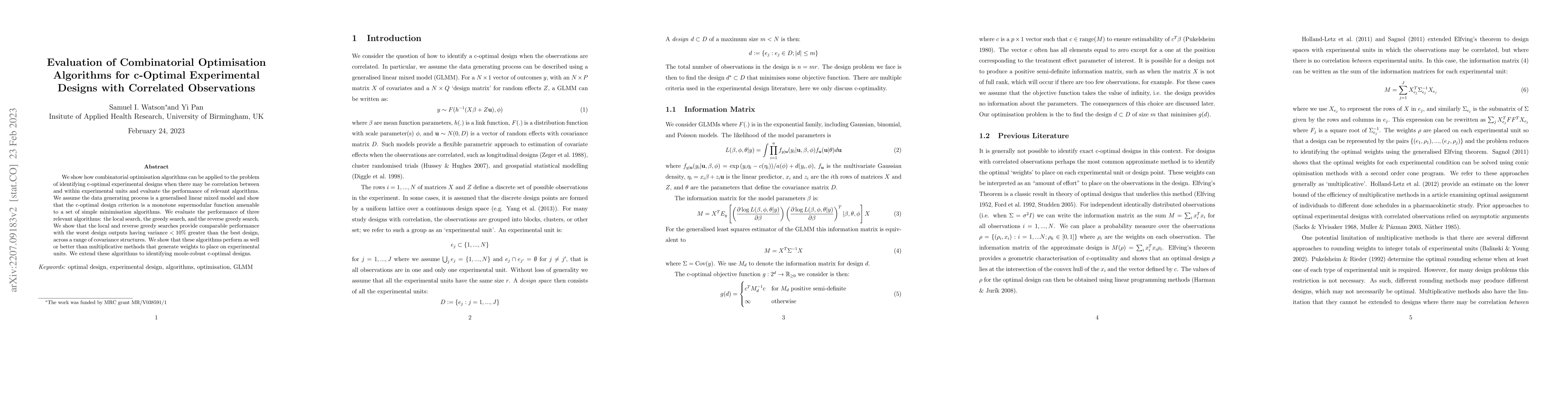 Thumbnail for Evaluation of Combinatorial Optimisation Algorithms for c-Optimal
  Experimental Designs with Correlated Observations