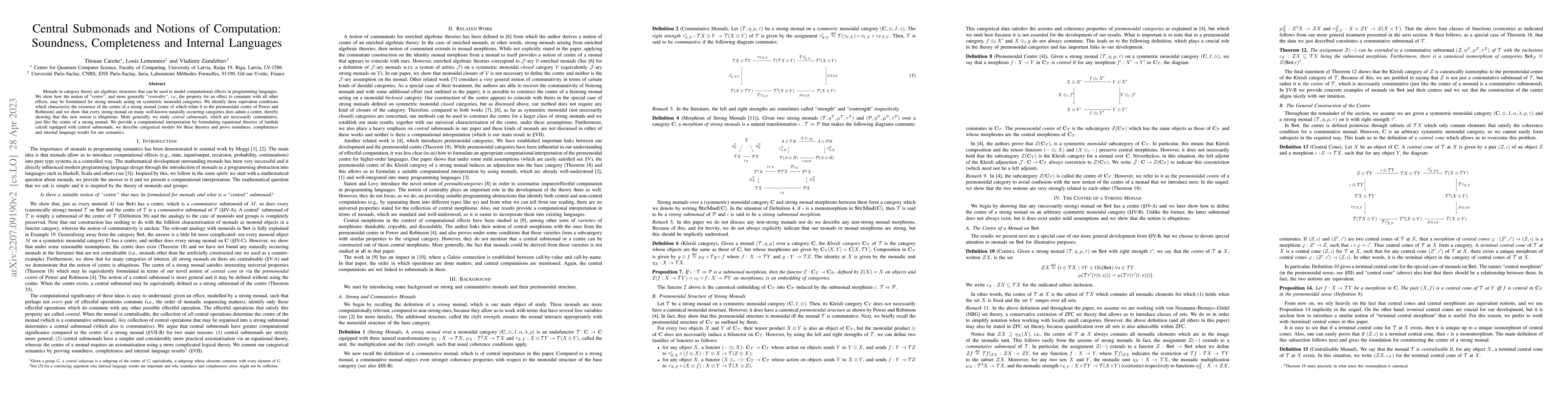 Thumbnail for Central Submonads and Notions of Computation: Soundness, Completeness
  and Internal Languages