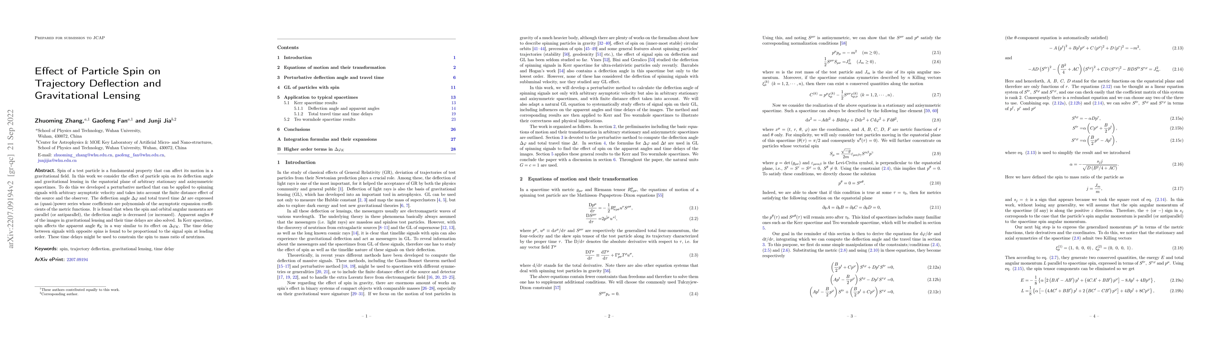 Thumbnail for Effect of Particle Spin on Trajectory Deflection and Gravitational
  Lensing