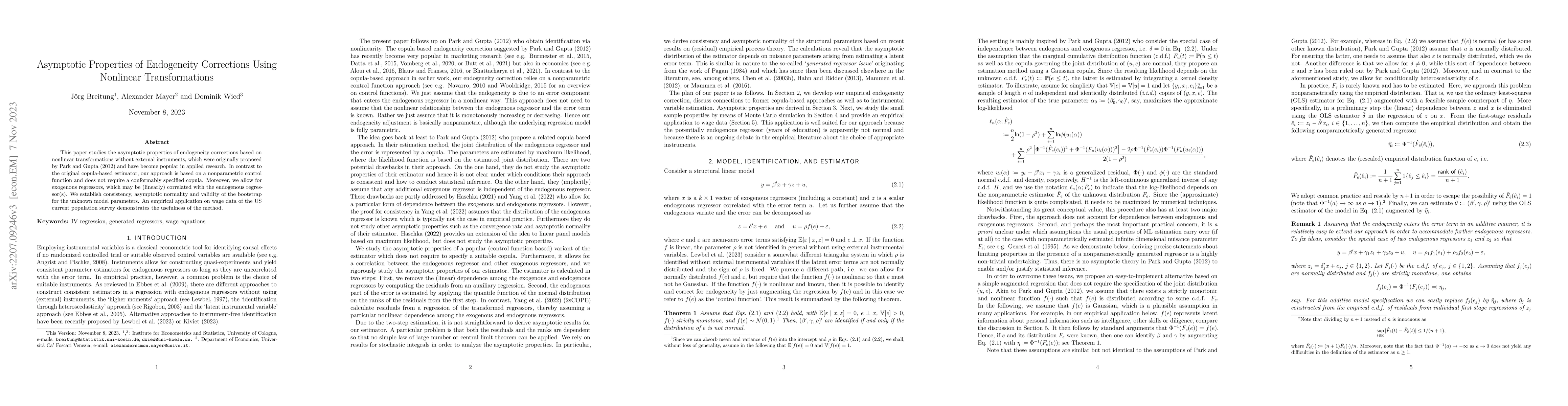 Thumbnail for Asymptotic Properties of Endogeneity Corrections Using Nonlinear
  Transformations