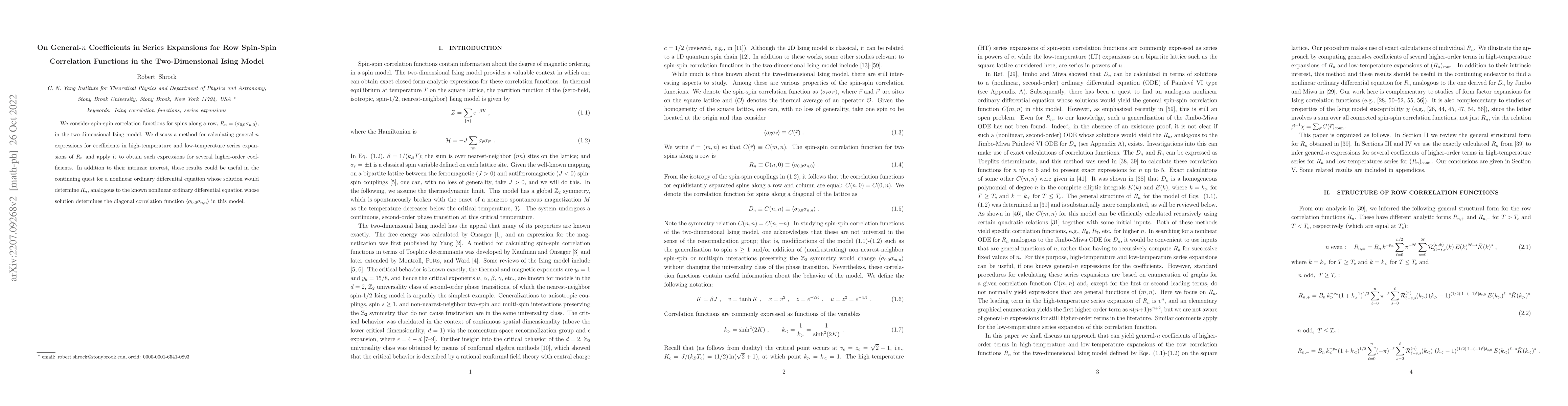 Thumbnail for On General-n Coefficients in Series Expansions for Row Spin-Spin
  Correlation Functions in the Two-Dimensional Ising Model