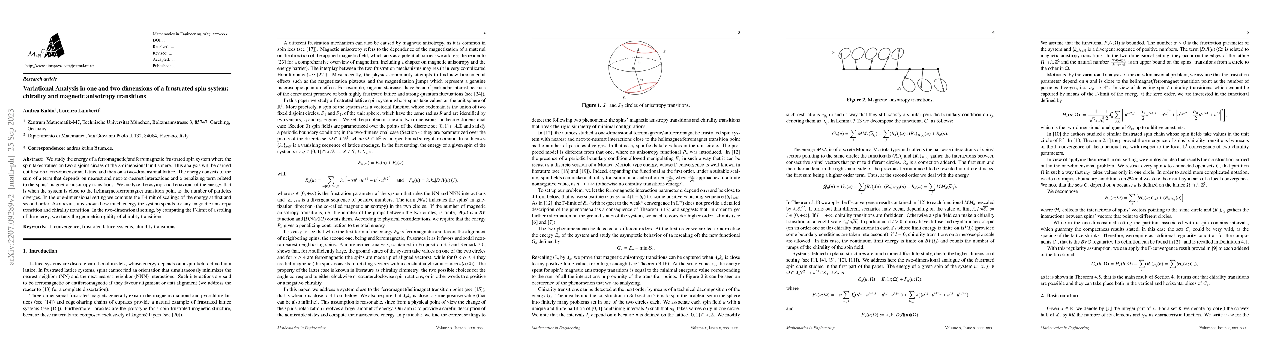 Thumbnail for Variational analysis in one and two dimensions of a frustrated spin
  system: chirality transitions and magnetic anisotropic transitions