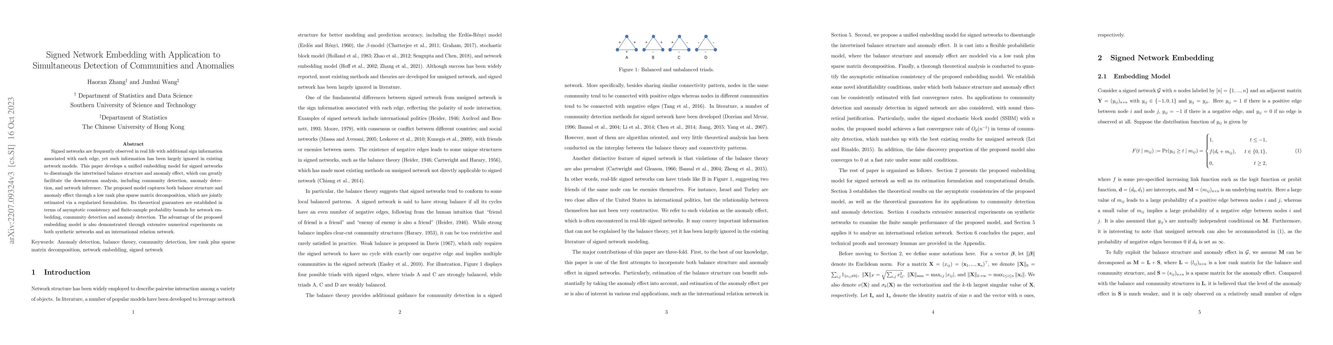 Thumbnail for Signed Network Embedding with Application to Simultaneous Detection of
  Communities and Anomalies