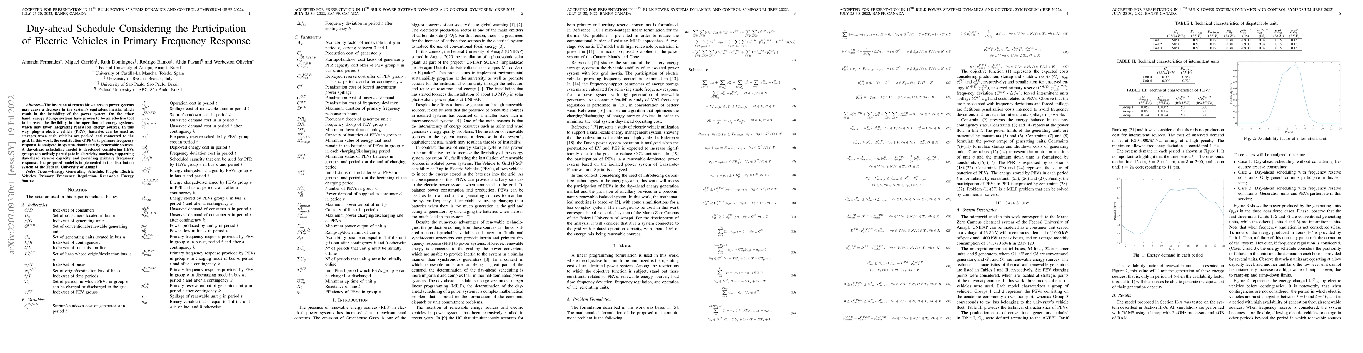 Thumbnail for Day-ahead Schedule Considering the Participation of Electric Vehicles in
  Primary Frequency Response
