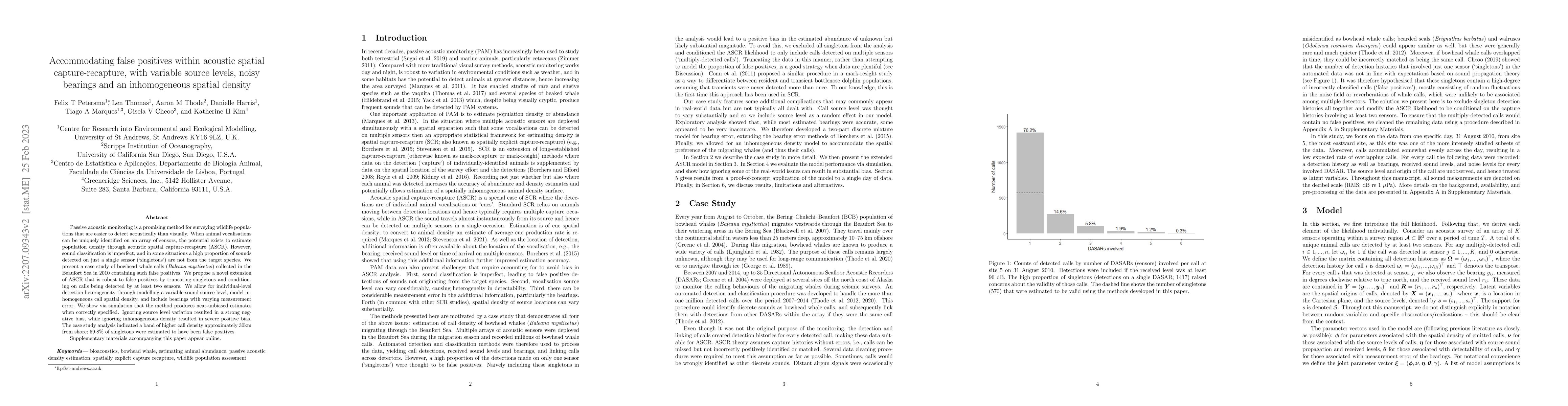 Thumbnail for Accommodating false positives within acoustic spatial capture-recapture,
  with variable source levels, noisy bearings and an inhomogeneous spatial
  density