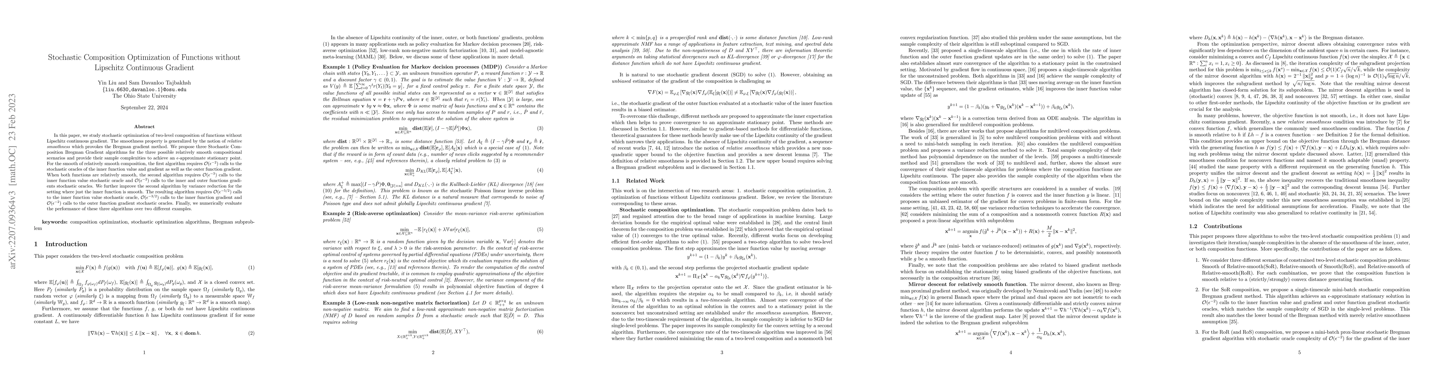 Thumbnail for Stochastic Composition Optimization of Functions without Lipschitz
  Continuous Gradient