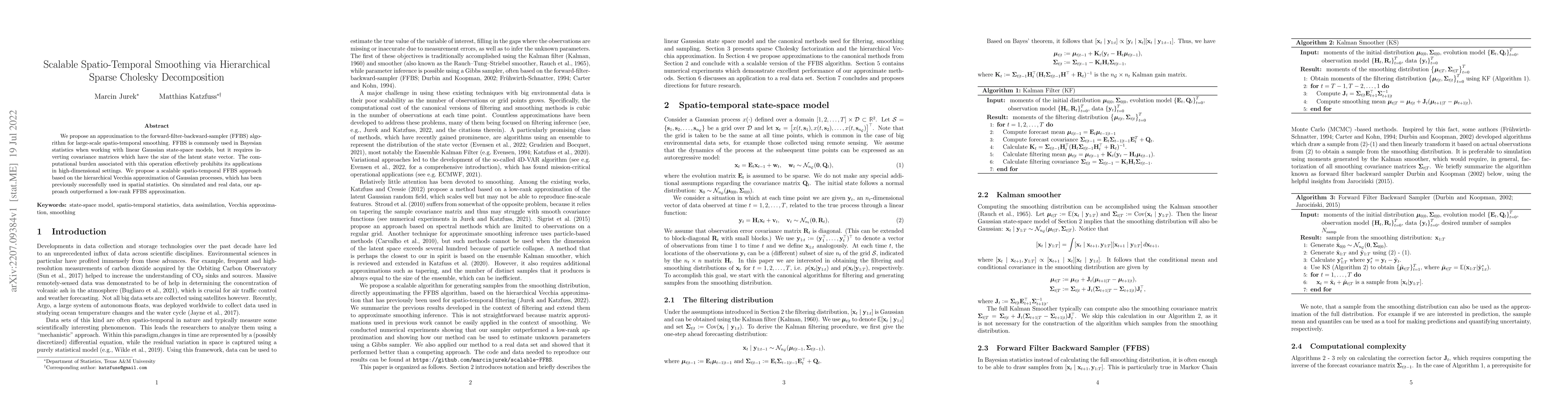 Thumbnail for Scalable Spatio-Temporal Smoothing via Hierarchical Sparse Cholesky
  Decomposition