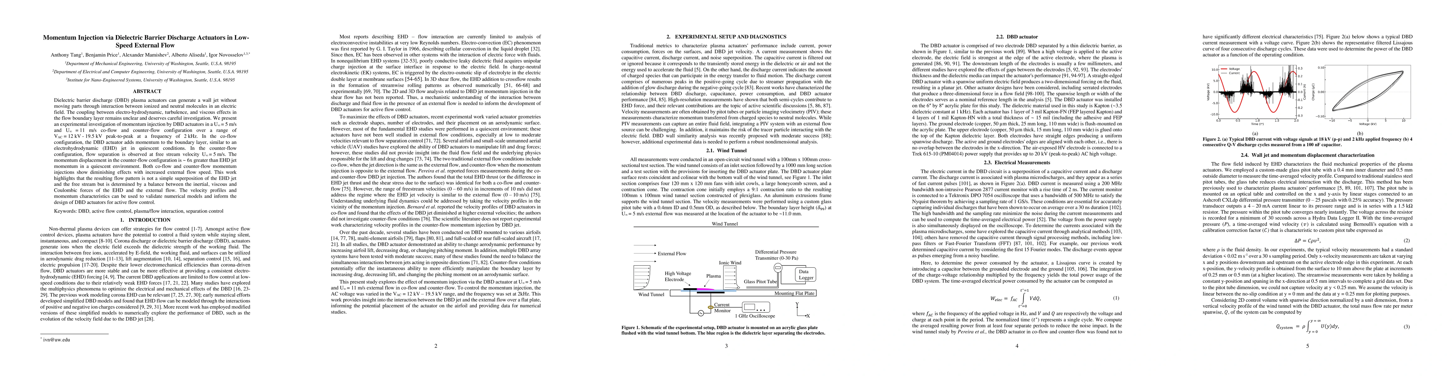 Thumbnail for Momentum Injection via Dielectric Barrier Discharge Actuators in
  Low-Speed External Flow