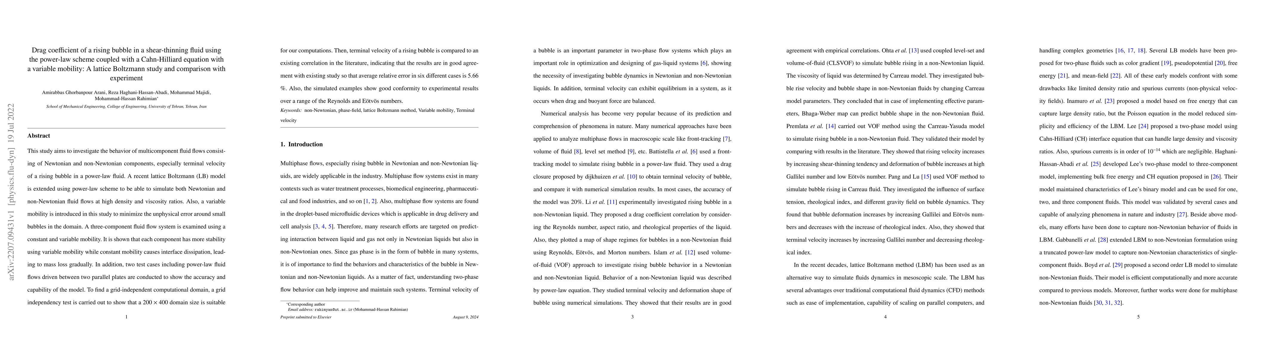 Thumbnail for Drag coefficient of a rising bubble in a shear-thinning fluid using the
  power-law scheme coupled with a Cahn-Hilliard equation with a variable
  mobility: A lattice Boltzmann study and comparison with experiment