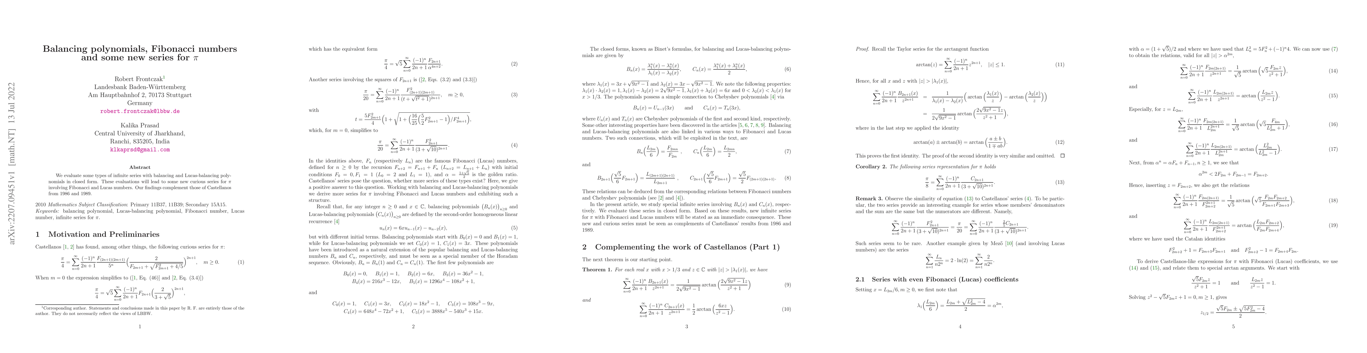 Thumbnail for Balancing polynomials, Fibonacci numbers and some new series for $\pi$