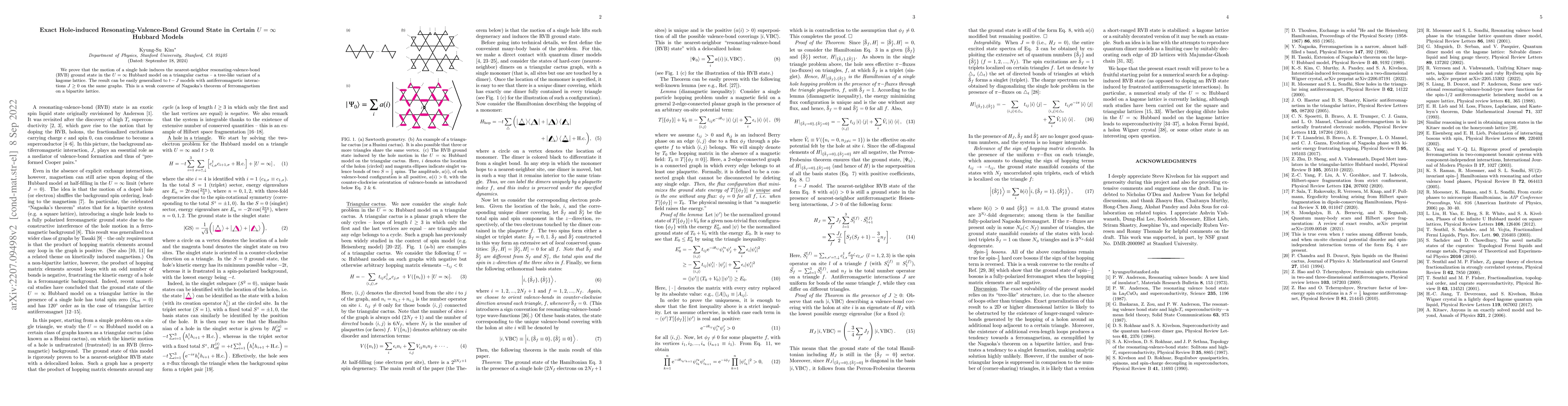 Thumbnail for Exact Hole-induced Resonating-Valence-Bond Ground State in Certain
  $U=\infty$ Hubbard Models