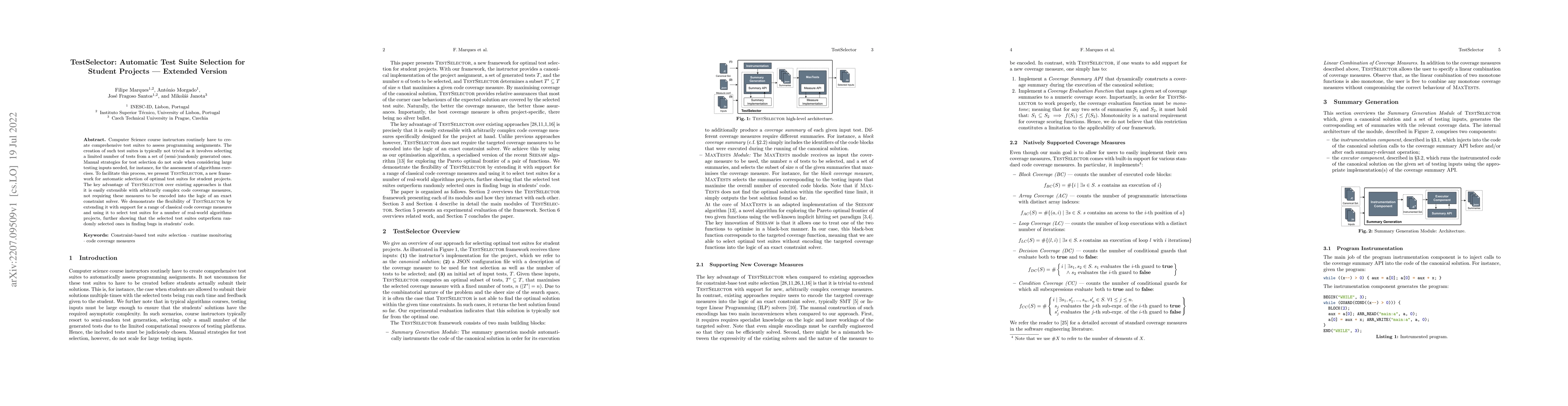 Thumbnail for TestSelector: Automatic Test Suite Selection for Student Projects --
  Extended Version