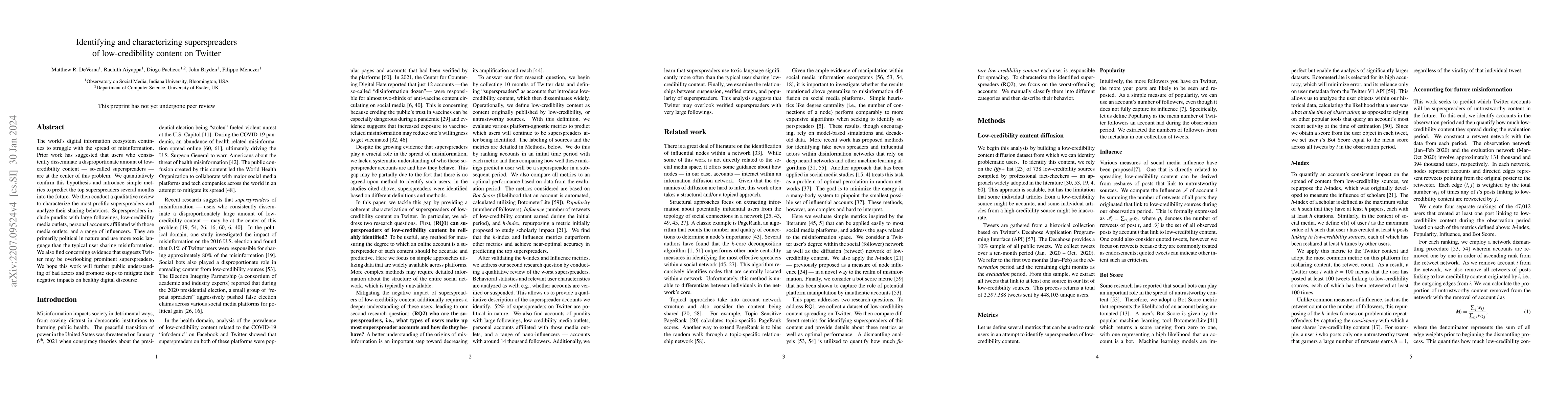 Thumbnail for Identifying and characterizing superspreaders of low-credibility content
  on Twitter