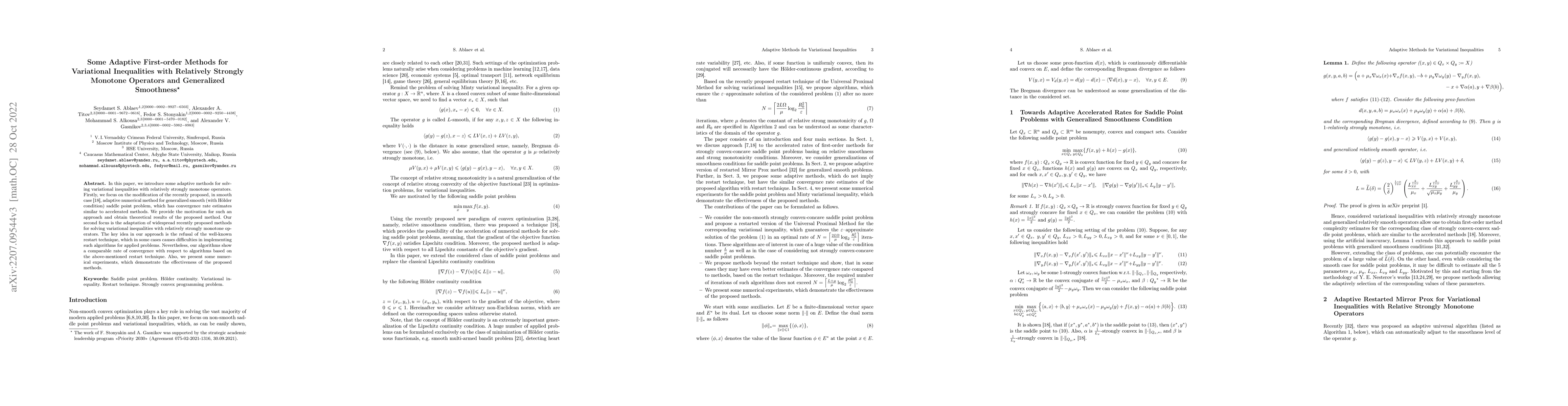 Thumbnail for Some Adaptive First-order Methods for Variational Inequalities with
  Relatively Strongly Monotone Operators and Generalized Smoothness