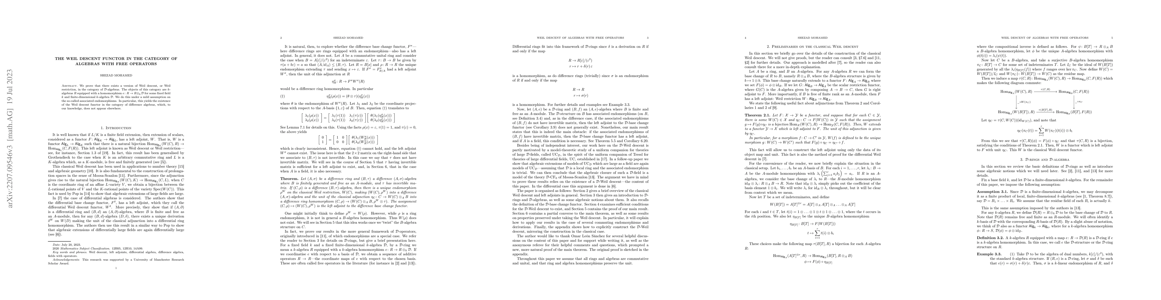 Thumbnail for The Weil descent functor in the category of algebras with free operators