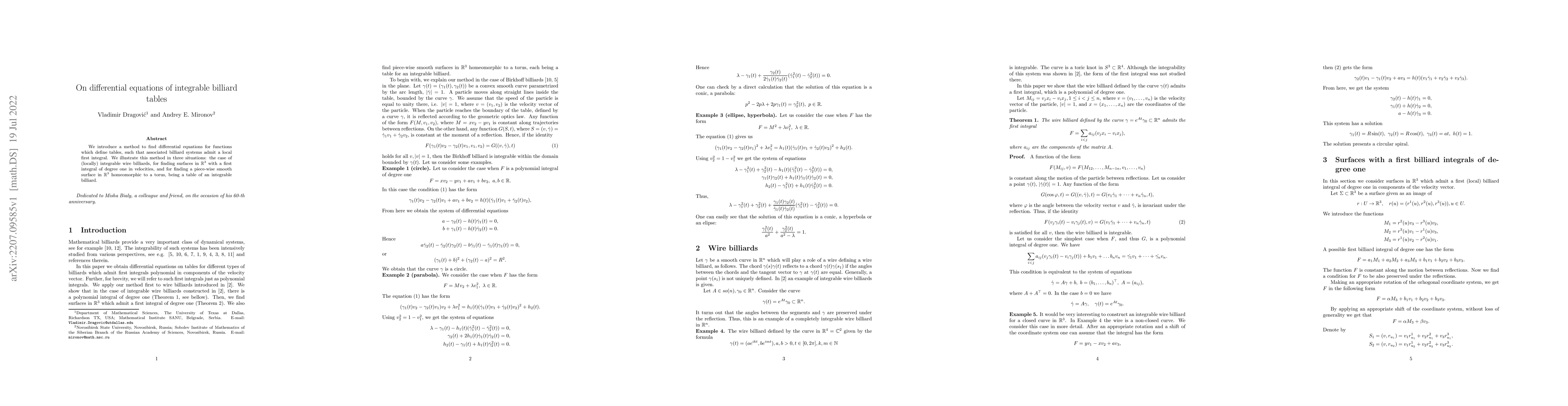 Thumbnail for On differential equations of integrable billiard tables