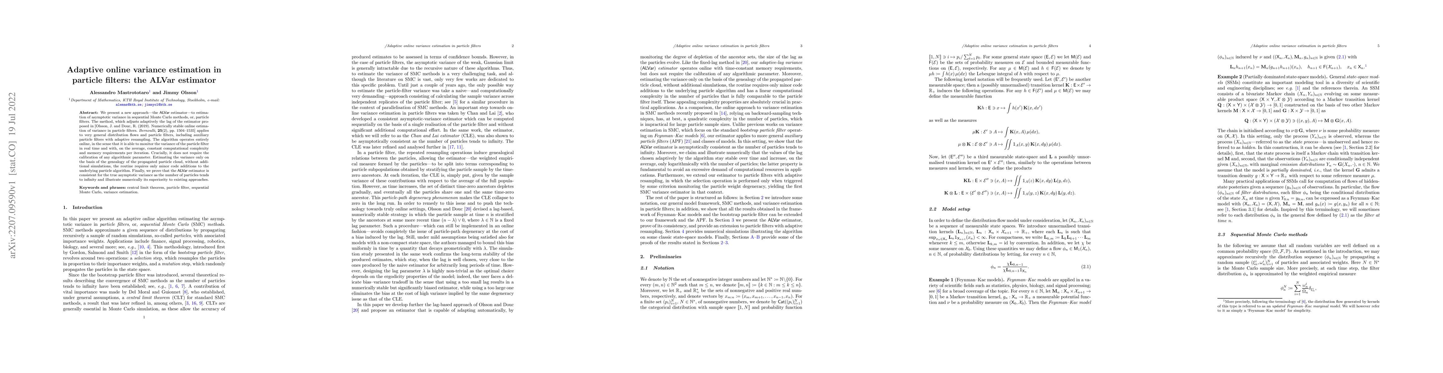 Thumbnail for Adaptive online variance estimation in particle filters: the ALVar
  estimator