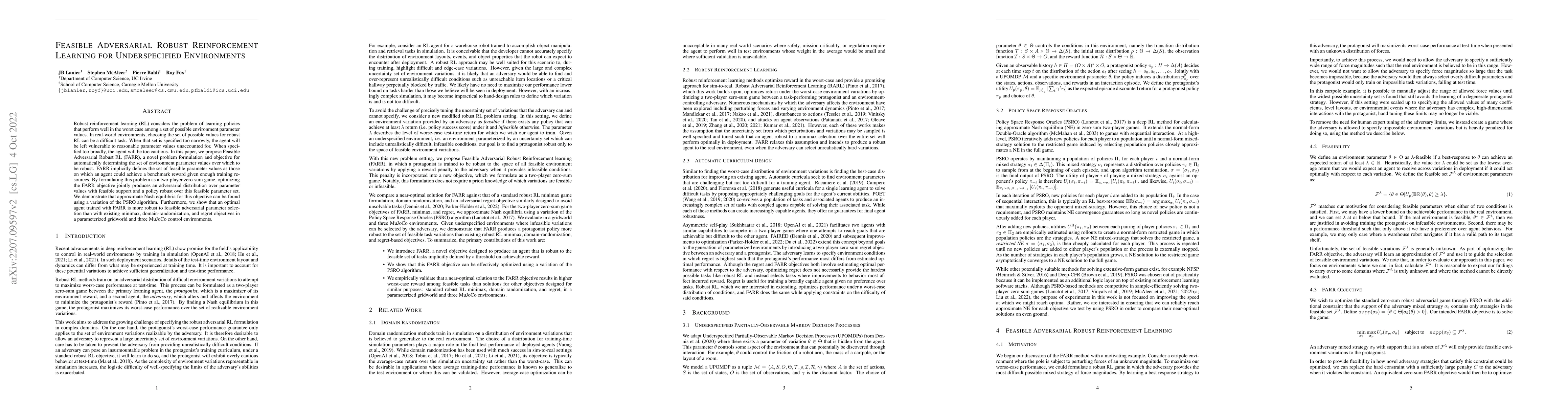 Thumbnail for Feasible Adversarial Robust Reinforcement Learning for Underspecified
  Environments
