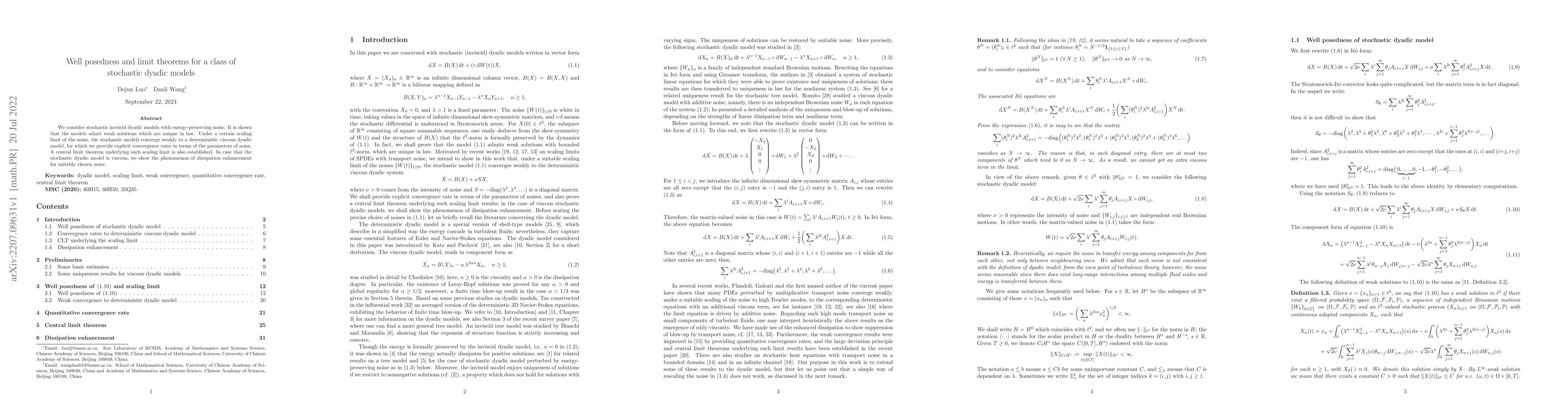 Thumbnail for Well posedness and limit theorems for a class of stochastic dyadic
  models