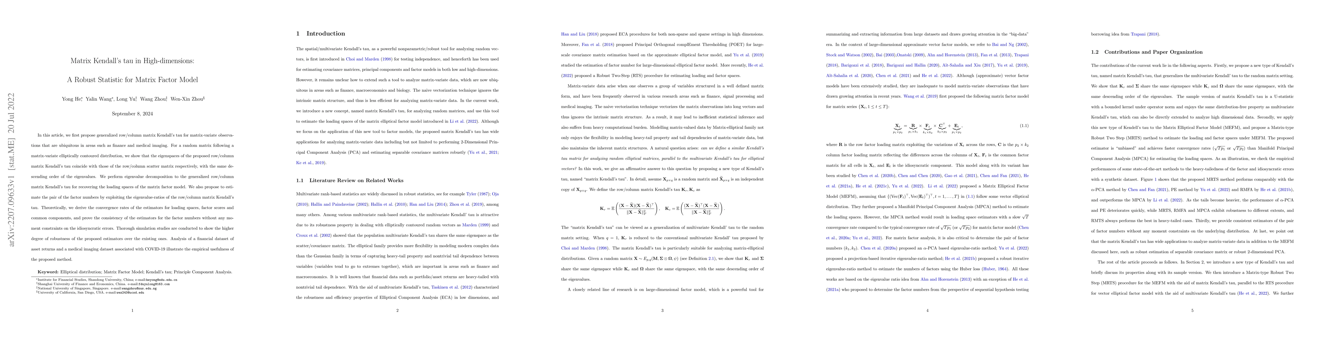 Thumbnail for Matrix Kendall's tau in High-dimensions: A Robust Statistic for Matrix
  Factor Model