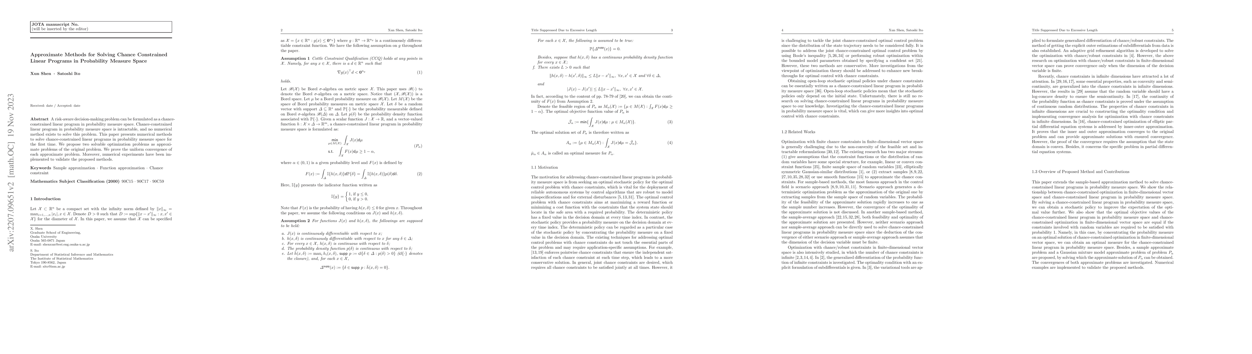 Thumbnail for Approximate Methods for Solving Chance Constrained Linear Programs in
  Probability Measure Space