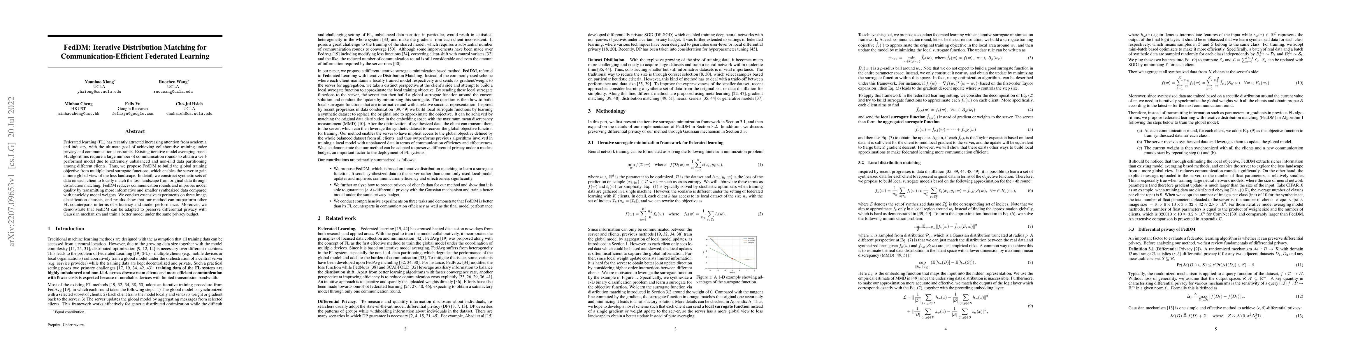 Thumbnail for FedDM: Iterative Distribution Matching for Communication-Efficient
  Federated Learning