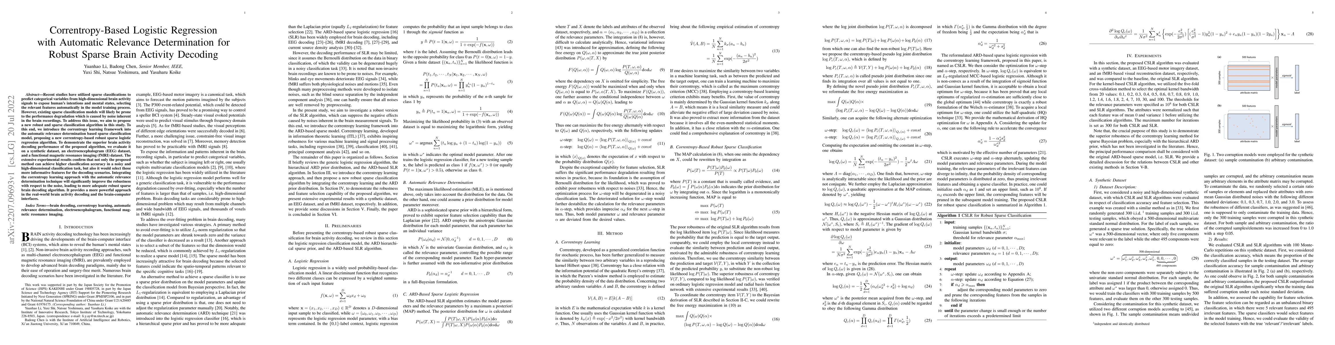 Thumbnail for Correntropy-Based Logistic Regression with Automatic Relevance
  Determination for Robust Sparse Brain Activity Decoding