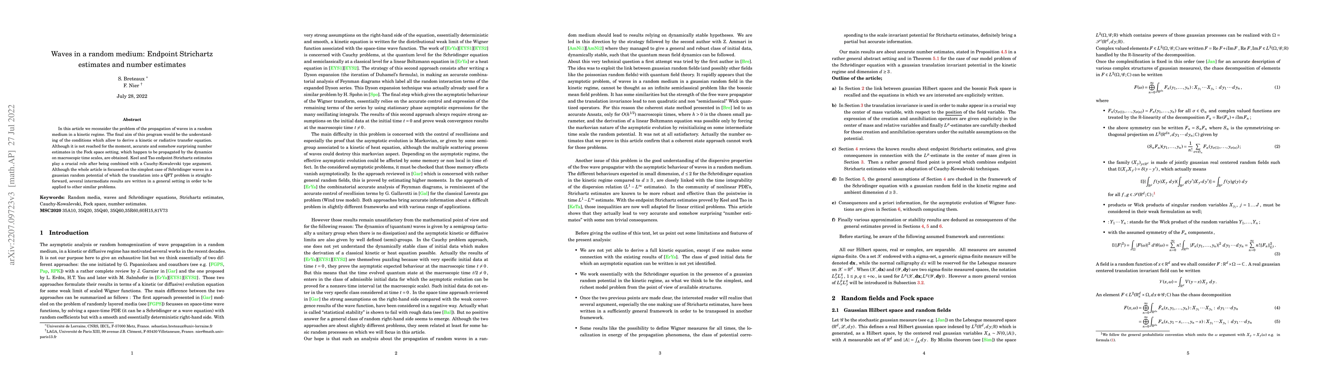 Thumbnail for Waves in a random medium: Endpoint Strichartz estimates and number
  estimates