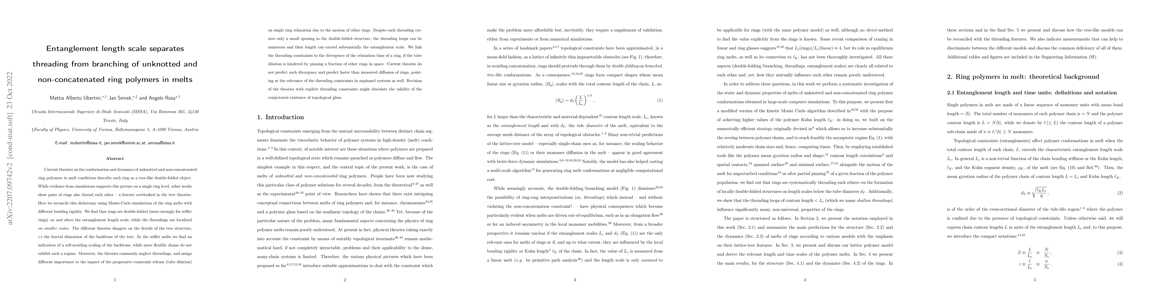 Thumbnail for Entanglement length scale separates threading from branching of
  unknotted and non-concatenated ring polymers in melts