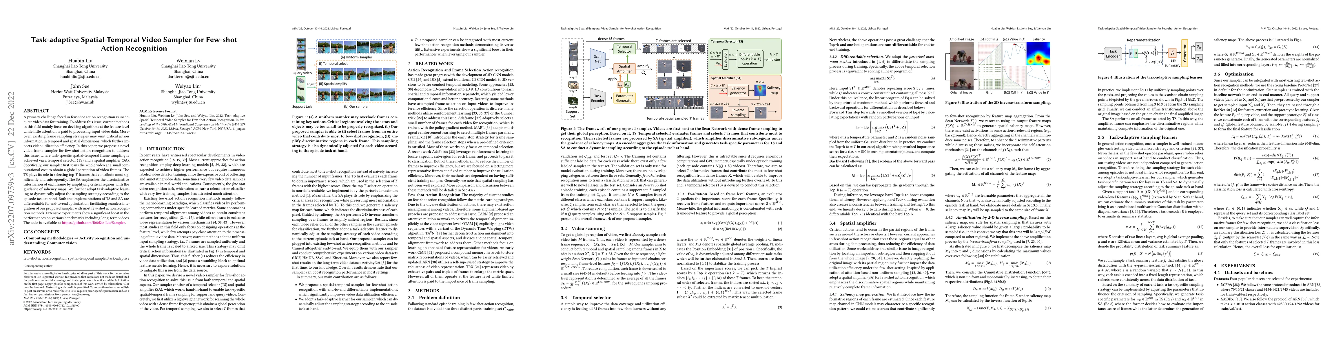 Thumbnail for Task-adaptive Spatial-Temporal Video Sampler for Few-shot Action
  Recognition