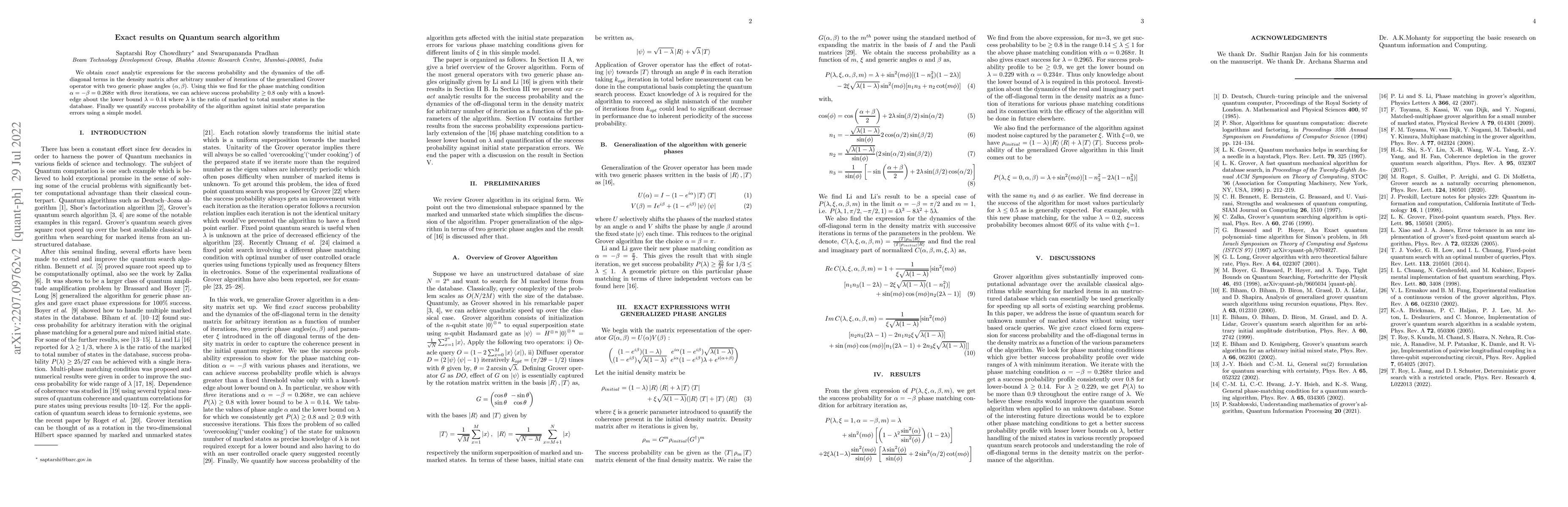 Thumbnail for Exact results on Quantum search algorithm