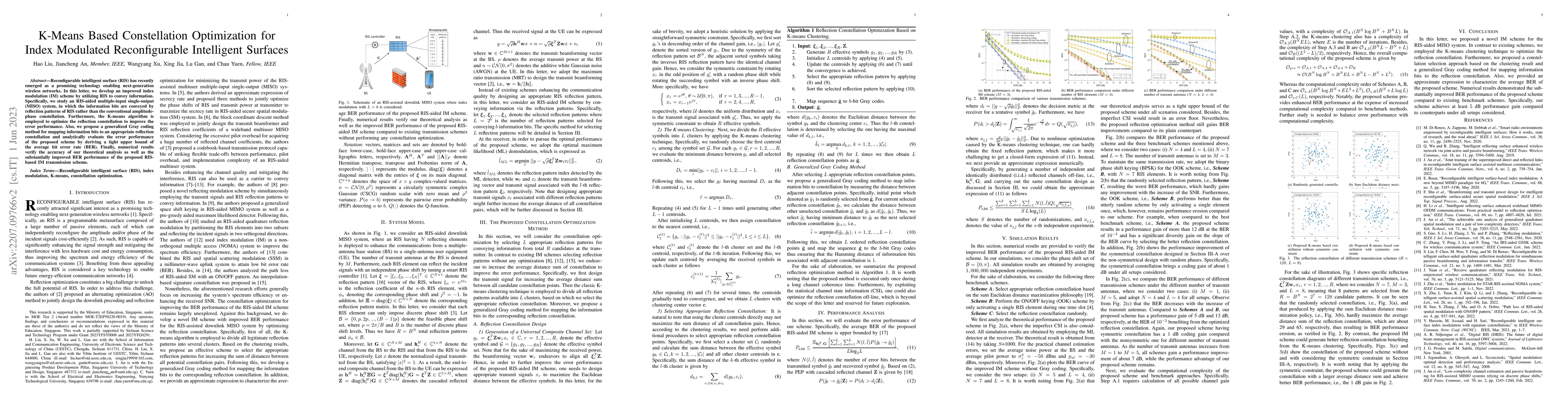 Thumbnail for K-Means Based Constellation Optimization for Index Modulated
  Reconfigurable Intelligent Surfaces