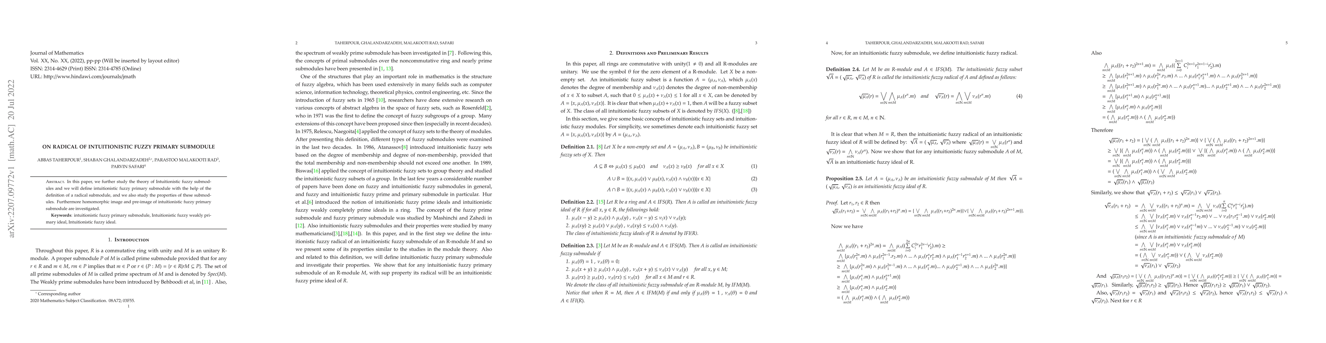 Thumbnail for On Radical of Intuitionistic Fuzzy Primary Submodule